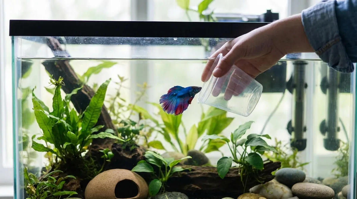 Owner gently releasing a new betta from its cup into a planted tank