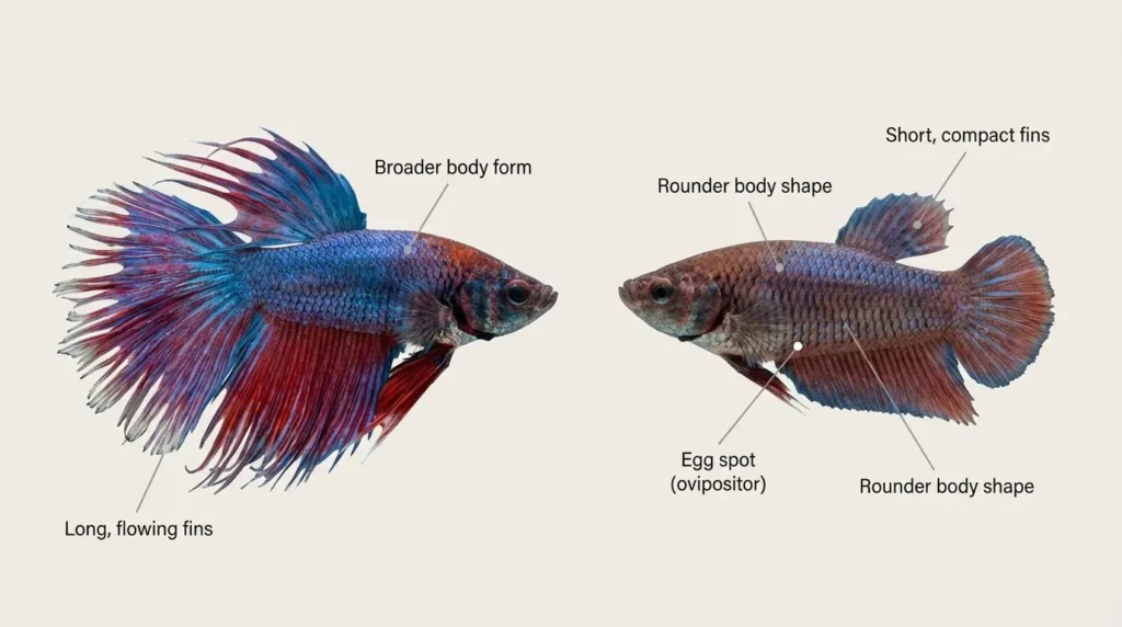 Labeled male and female betta showing long fins, body shape and the female egg spot