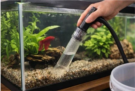 Red betta in a planted tank being cleaned with a siphon, illustrating water testing and quality for a betta water test kit.
