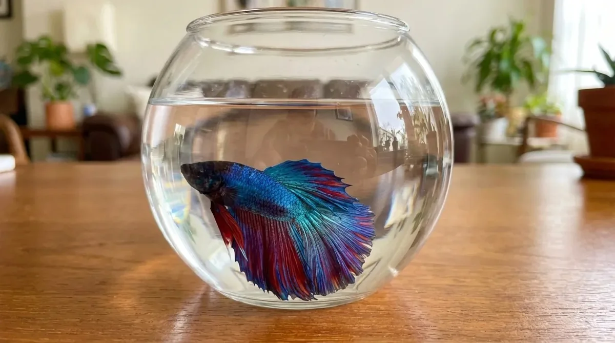 Blue and red betta fish in a clear glass tank, supporting a guide on choosing the best betta tank filter.