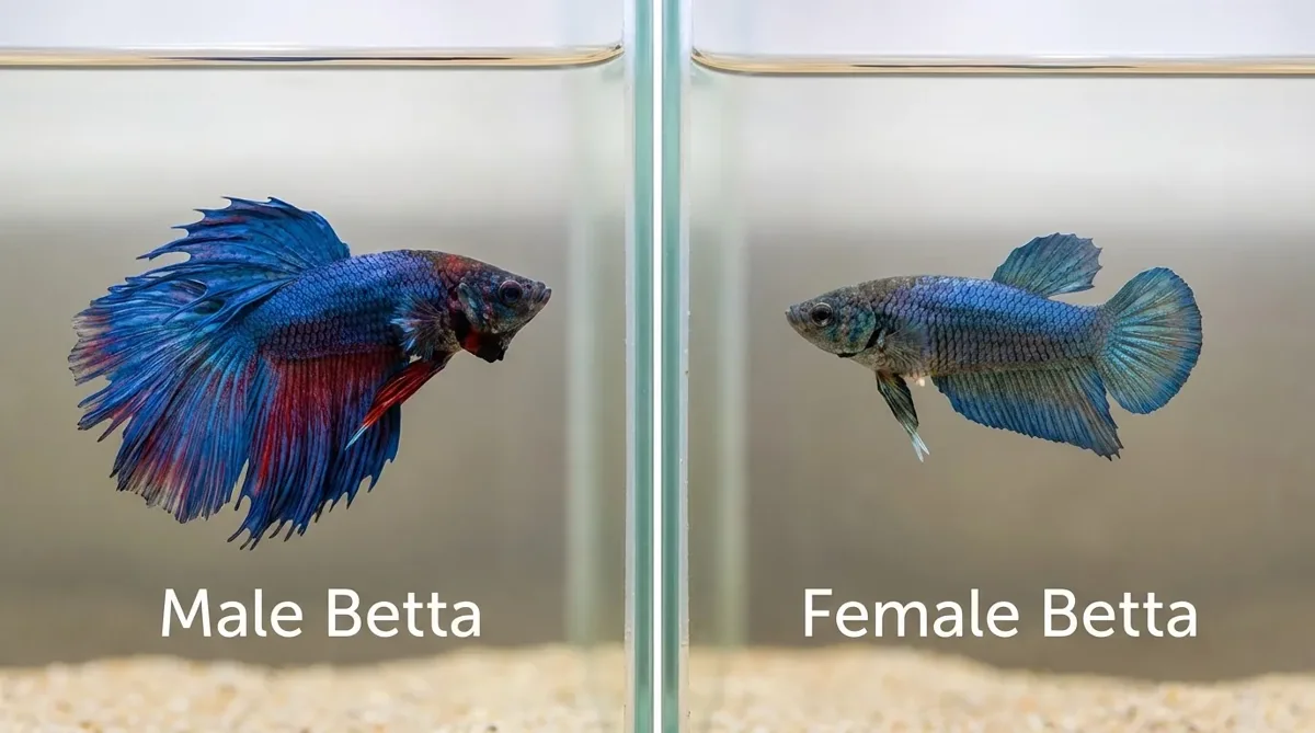 Male and female betta fish compared side by side, the breeding pair behind betta fry care
