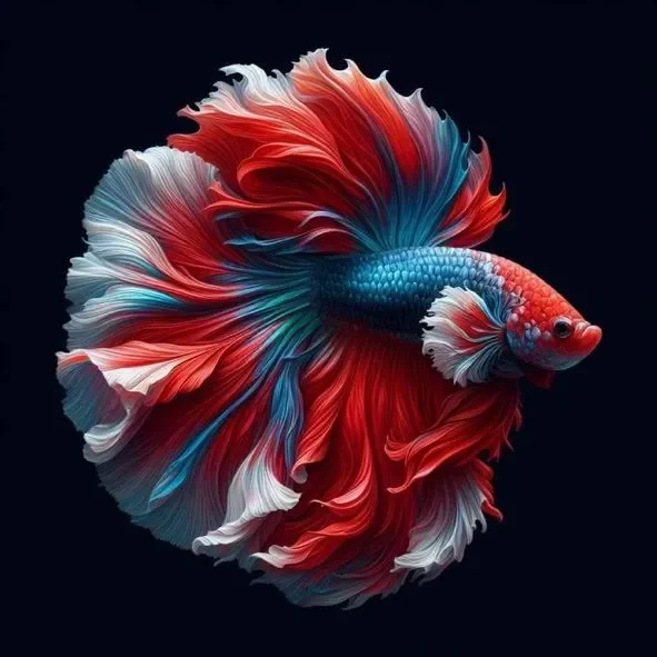 Red, blue and white betta with full fins, a healthy betta recovered from fungal infection
