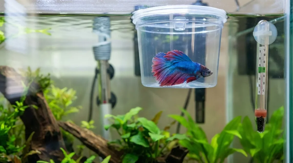 Betta fish in an acclimation cup floating in a tank, matching new water pH for a safe betta pH level.