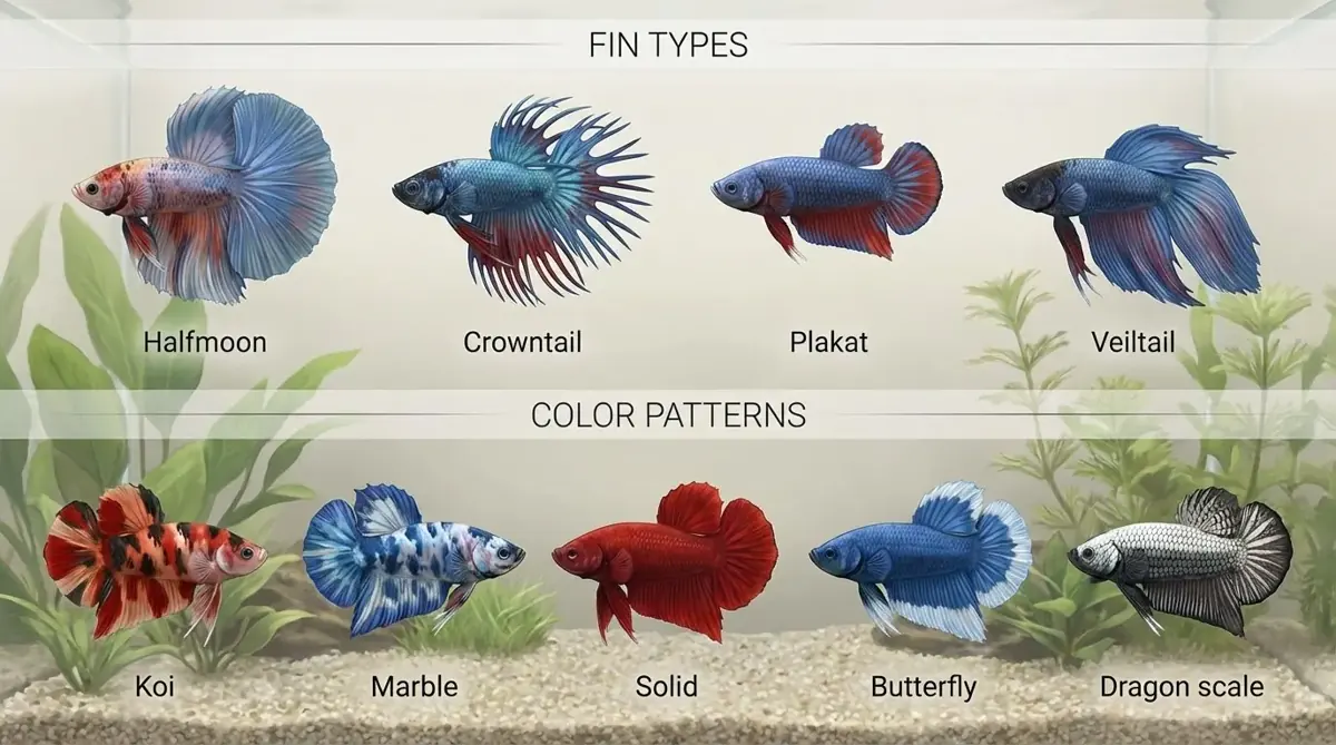Betta fish fin types and color patterns chart, showing healthy betta body shapes free of swim bladder swelling