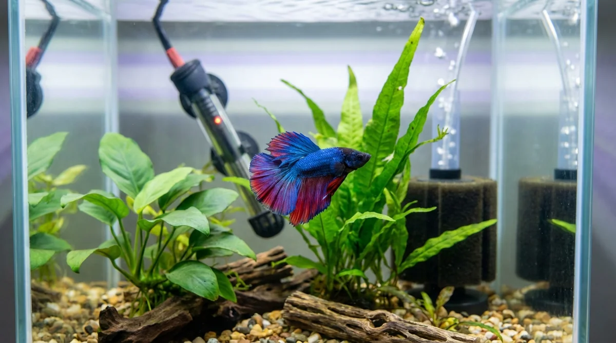 Blue and red betta fish in a planted aquarium, the key resident when housing bettas with mollies