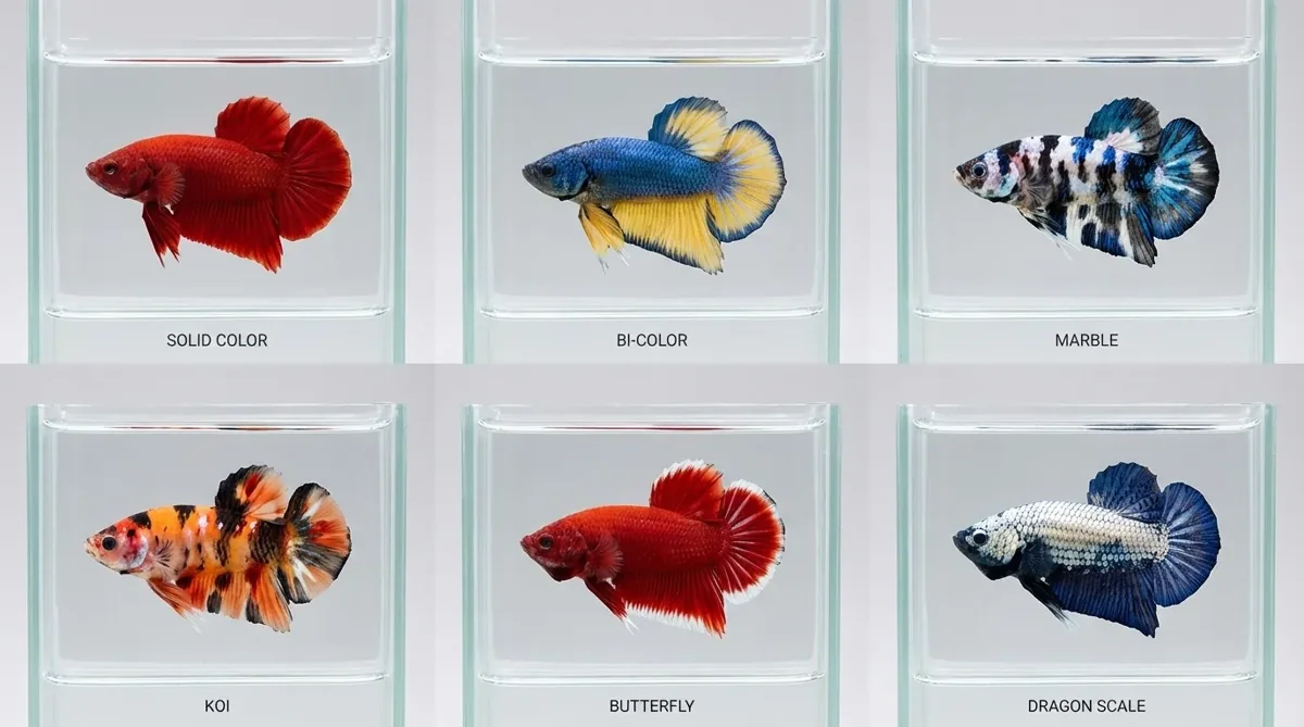 Six betta fish types and colors shown in jars, useful when adding snails to a betta tank