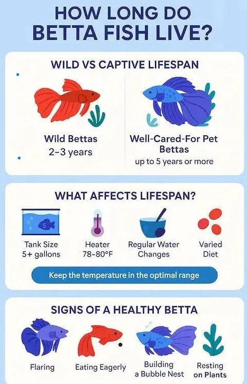 Betta health and lifespan infographic, including diet and how long a betta can go without food