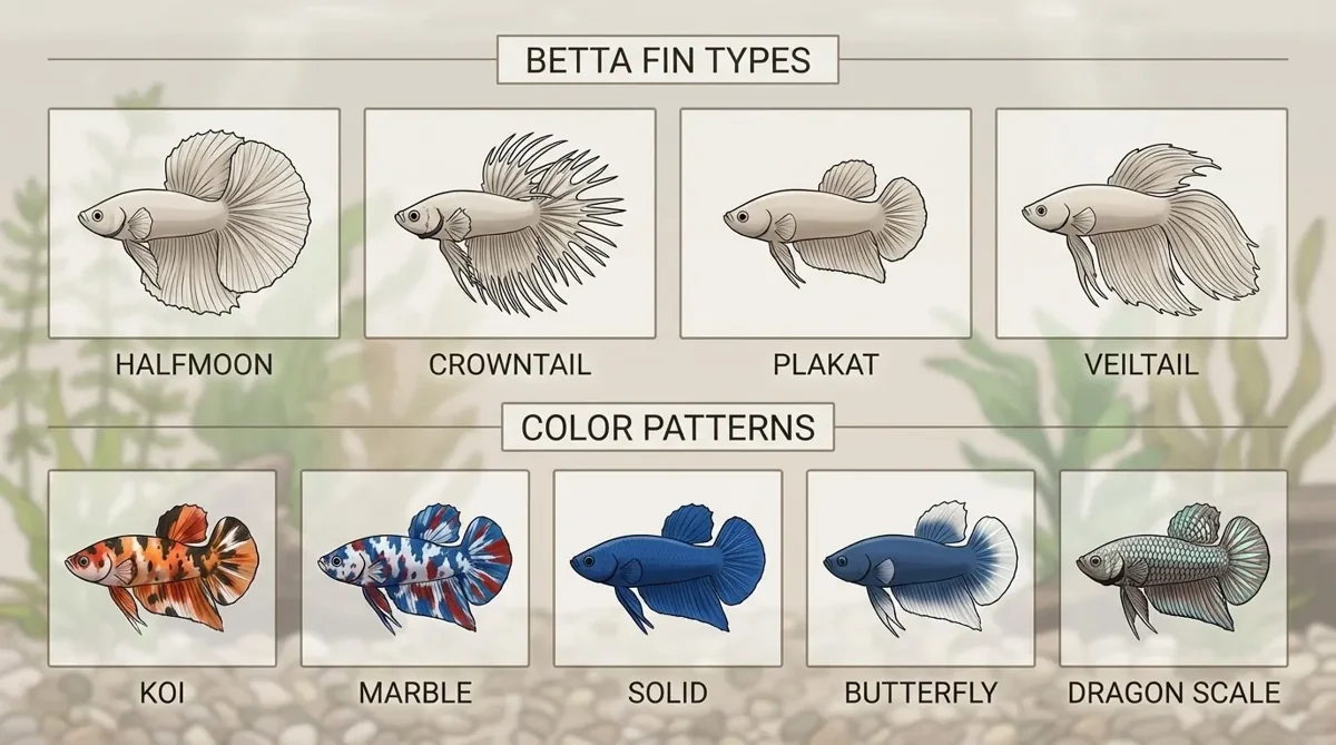 Betta fin types and color patterns - recognizing a healthy betta helps you revive a sick one
