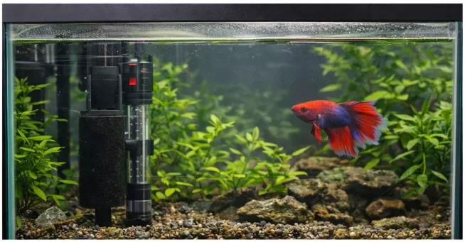 Red and blue betta swimming in a warm planted aquarium, an alternative to using a heater
