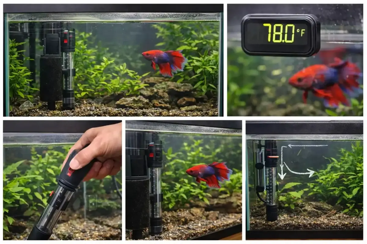 Betta tank kept at a steady 78F shown on a thermometer to keep the betta warm